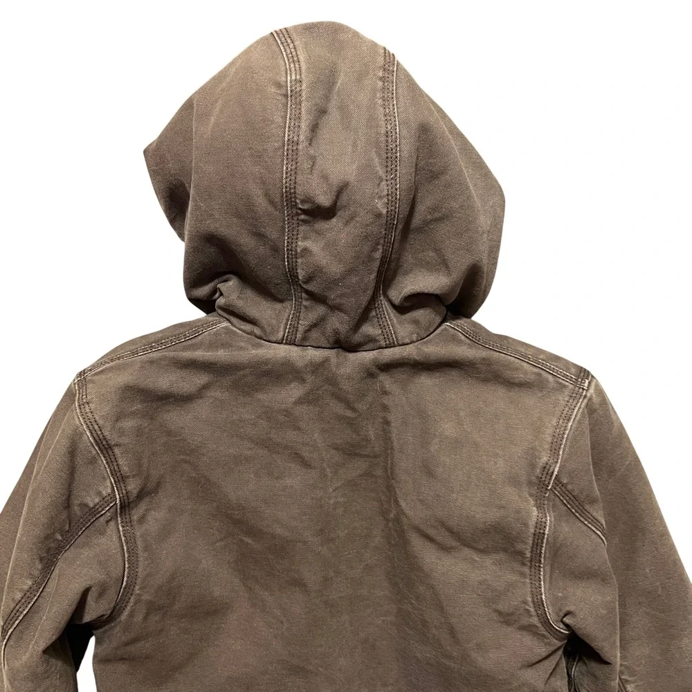 Carhartt Boys Small 8/10 Brown Canvas Hooded Utility Jacket Distressed Faded